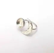 Shiny Silver Hammered Crescent Ring Setting, Cabochon Blank Resin Bezel Mounting