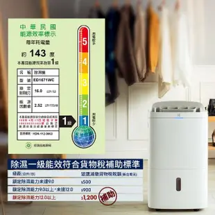 【Electrolux 伊萊克斯】16L 極適家居700清淨除濕機 除濕適用空間20坪(ED1671DC/ED1671WC 兩色任選)