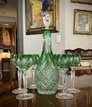 Very RARE REXXFORD Emerald Green Cut To Clear Crystal Decanter Cordial Set 8pc