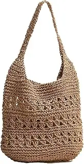 [SHESRA] Bohemian Straw Bag,Tote Handmade Hand-woven Women Handbags for Retro Summer Vacation Beach Travel Daily Matching Bag 134, Khaki, Large