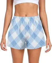 [FRODOTGV] Light Blue Check Women's Athletic Shorts with Pockets Work Out Shorts for Running Lounging Fishing Hiking S