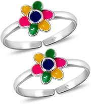 [Tongari] 925 Colourful Enamel Floral Design Silver Toe Rings in Pure 92.5 Sterling Silver for Women, Adjustable, Non-Precious Metal, No Gemstone