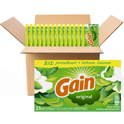 Gain Original Fabric Softener Dryer Sheets 15 Count per Box (Case Of 15)
