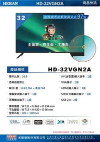 在飛比找Yahoo!奇摩拍賣優惠-【HERAN禾聯】 32吋新品HD-32VGN2A低藍光 H