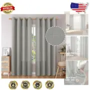 Chic 90 Inch Grey Faux Linen Grommet Curtains, Set of 2 - Light Filtering Design