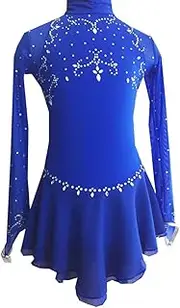 [MOrfiL] Girls' High Collar Figure Skating Competition Dress Long Sleeve Professional Skating Performance Dress Skating Wear, Blue, 5-8 Years