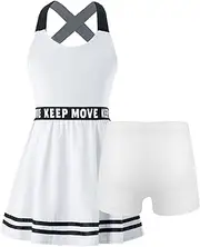 [FEESHOW] Kids Girls Pleated Tennis Golf Dress Netball Workout Outfits Sleeveless Sports Dress with Shorts Set