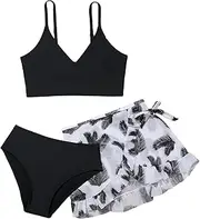 [COOLOYA] Girl's 3 Piece Bikini Set Tropical Print Swimwear Bathing Suit with Cover Up Skirts