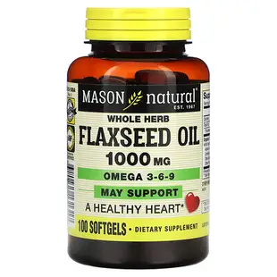 [iHerb] Mason Natural 全草本亞麻籽油，1,000 毫克，100 粒軟凝膠
