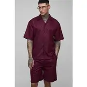 Mens Red Tall Oversized Revere Satin Checkerboard Shirt & Relaxed Short Set