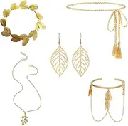 [MetalNuts] Greek Goddess Costume Accessories – 5Pcs Greek Goddess Accessories Set with Gold Laurel Leaf Headpiece, Necklace, Earrings, Waist Chain, Arm Ring, Fancy Dress Jewelry for Women Girls
