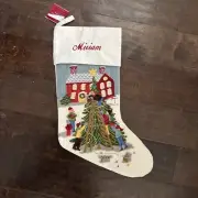 NWT Pottery Barn Crewel Village Tree Trimming Christmas Stocking Mono Miriam