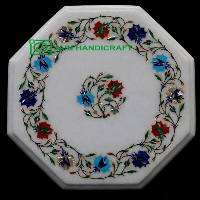12" Antique Design Inlay Work Coffee Table Top White Marble Center Table
