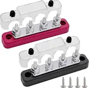 4 x #10 (M5) Studs Bus Bar, Ampper 4.2" Power/Ground Distribution Block Brass Battery BusBar Junction with Cover for Auto Boat Amplifier and More (Red & Black)