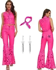 [Saxcdyi] Cowgirl Costume 70s 80s Hippie Disco Outfits Pink Vest Top Flare Pant Halloween Margot Robbie Cosplay for Women