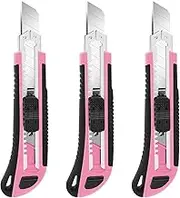 TIFICAL 3-Pack Box Cutter, 18mm Wide Blade Utility Knife Retractable, Pink Box Cutter with Quick Change Blade and Lanyard Hole Design, Exacto Knife Suitable for DIY, Office, Arts Crafts and Home