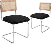 CangLong Mid-Century Modern Dining Chairs, Natural Mesh Rattan Backrest Chairs, Upholstered Fleece Seat Armless Chairs with Metal Legs for Home Kitchen Dining Room, Set of 2, Black