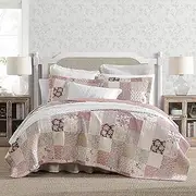 [Laura Ashley] Queen Quilt Set, Reversible Cotton Bedding with Matching Shams, Patchwork Inspired Home Decor (Celina Patchwork Red, Queen)