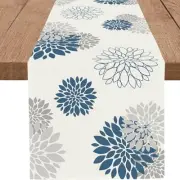 Blue Gray Table Runner Dahlia Pinnata Flower Beige Table Runners Modern