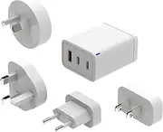 Laser 65W GaN Portable Travel Charger – 4 International Universal Adapters (AU/EU/UK/USA), 3-Port Fast Charging (2 USB-C, 1 USB-A) for Laptops, iPhone 16/15/14, Galaxy S24/S23, iPad Pro/Air – White