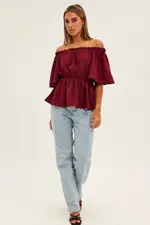 Red Top Short Sleeve Off Shoulder Longline Flutter - Size 8, Women's Top