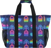 [sanluoli] Bag Foldable Beach Totes Bags With Pockets Canvas Travel Laundry Bag, Summer Neon Boat Coconut Tree, 1 size