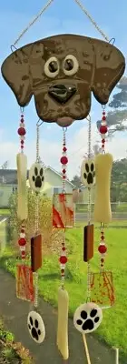 Handcrafted Whimsical Fused Glass Chocolate Lab Dog Windchime/New