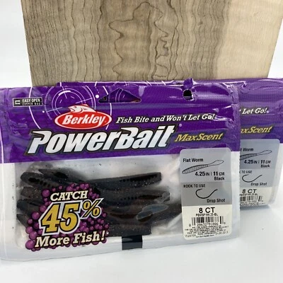 (2) Berkley PowerBait MaxScent Flat Worm 4.25” BLACK - FAST SHIPPING!