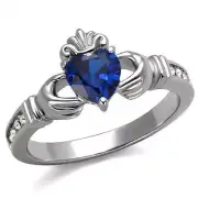 Stainless Steel Blue Simulated Sapphire CZ Heart Irish Celtic Claddagh IRing