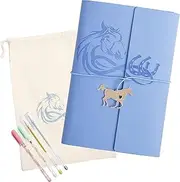 7PC Cantik Horse Journal Notebook With Colourful Pens, Horse Charm, Muslin Cotton Pouch With Horse Infinity Design And Secret Pen Pocket. Refillable Journal Ideal For Writing, Drawing And Scrapbooking - A Perfect Horse Gift Activity Set For Girls And Teens
