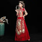 [JIMINISO] Delicate Red Stand Collar Peacock Embroidery Fringe Xiuhe Elegant Slim Cheongsam Bride Marriage Set Toast Clothing