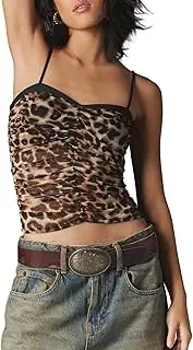 [Amiblvowa] Y2k Sexy Cami Top Spaghetti Strap Lace Trim Sheer Mesh See Through Sleeveless Crop Tops Going Out Tank T Shirt