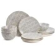 Thyme & Table Dinnerware Black & White Dot Stoneware 12 Piece Set Dinner Service
