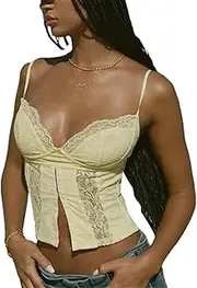 [Hesaco] Y2k Crop Top - Lace Camisole Tops for Women Sexy Mesh See Through Strap Crop Camisole Backless Bustier Going Out Tops