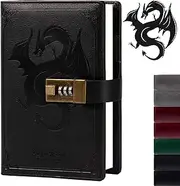 Dragon Leather Journal, Hardcover Notebook, Locked Refillable Diary, Lined/Blank Paper Writing Journals with Combination Lock for Men Women Child (Black)