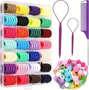340 Pcs Baby Hair Ties, 32 Colors Cotton Toddler Hair Ties with Organizer Box, 1 Inch Seamless Baby Hair Bands for Toddler Girls, Soft Elastic Ponytail Holders with 3 Hair Loop Styling Tool