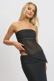 Black Polka Dot Boob Tube Top Asymmetric Hem - Size XS, Women's Bandeau
