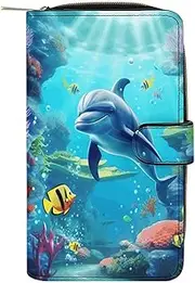 [RTSEBVN] Leather Wallet Multifunction Long Wallet Fashion Underwater Dolphin Fish Printing Leather Purse with For Women And Men, style, 19.7x11x3.5cm, Leather Wallet