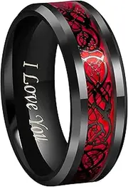 [CROWNAL] Black Dragon Men Black Tungsten Carbide Ring Wedding Band 6mm 8mm 10mm Red Carbon Fiber Black Celtic Dragon Inlay Engraved I Love You Size 7 to 17