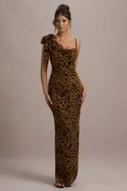 Yasmin | Leopard Print Velvet Strappy Maxi Dress With Bow