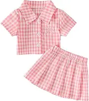 [Thorn Tree] Toddler Girl Skirts Suit Button Down Bow Embroidery Plaid Crop Shirt Pleated Skirts Summer Outfits Set