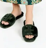 Tory Burch Double T Shearling Slide Militare Green Gold Calf Leather Women 7 NIB