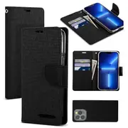 Goospery Canvas Apple iPhone 13 Pro Wallet Leather Case Denim Stand Flip Fabric Pouch Credit Card Slots Cover - Black