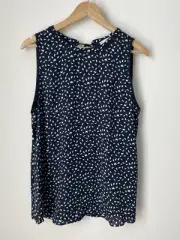 NWT Ann Taylor Loft Sleeveless Top Navy and White Leaf Detail Tie back