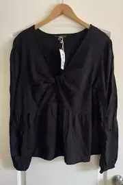 NEXT LADIES TWIST FRONT BLACK COTTON LONG SLEEVE TOP-SIZE 22-BNWT