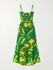 [Farm Rio] Farm Rio - Banana Aquarela Pleated Printed Swiss-dot Linen Midi Dress - Green - small small Green
