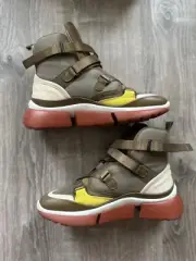 CHLOE Sooty Khaki Green/Tan Leather Suede Platform Sneakers Size 7 Excellent Box
