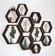 WONFUlity Hexagon Floating Shelves Honeycomb Shelves Wall Mounted Wood Farmhouse Storage Wall Shelf for Bathroom, Kitchen, Bedroom, Living Room,Driftwood Finish Decor,Dark Brwon