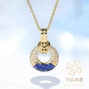 【巧品珠寶】公主方切割藍寶石群鑲搭配滿鑽弧形特殊藍白交錯設計款黃K金吊墜