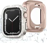 2-Pack 2-in-1 Waterproof Bling Case for Apple Watch 44mm Series 6 SE 5 4 with Tempered Glass Screen Protector, Crystal Diamonds Rhinestone Overall Durable Cover Front & Back Bumper for iWatch 44mm
